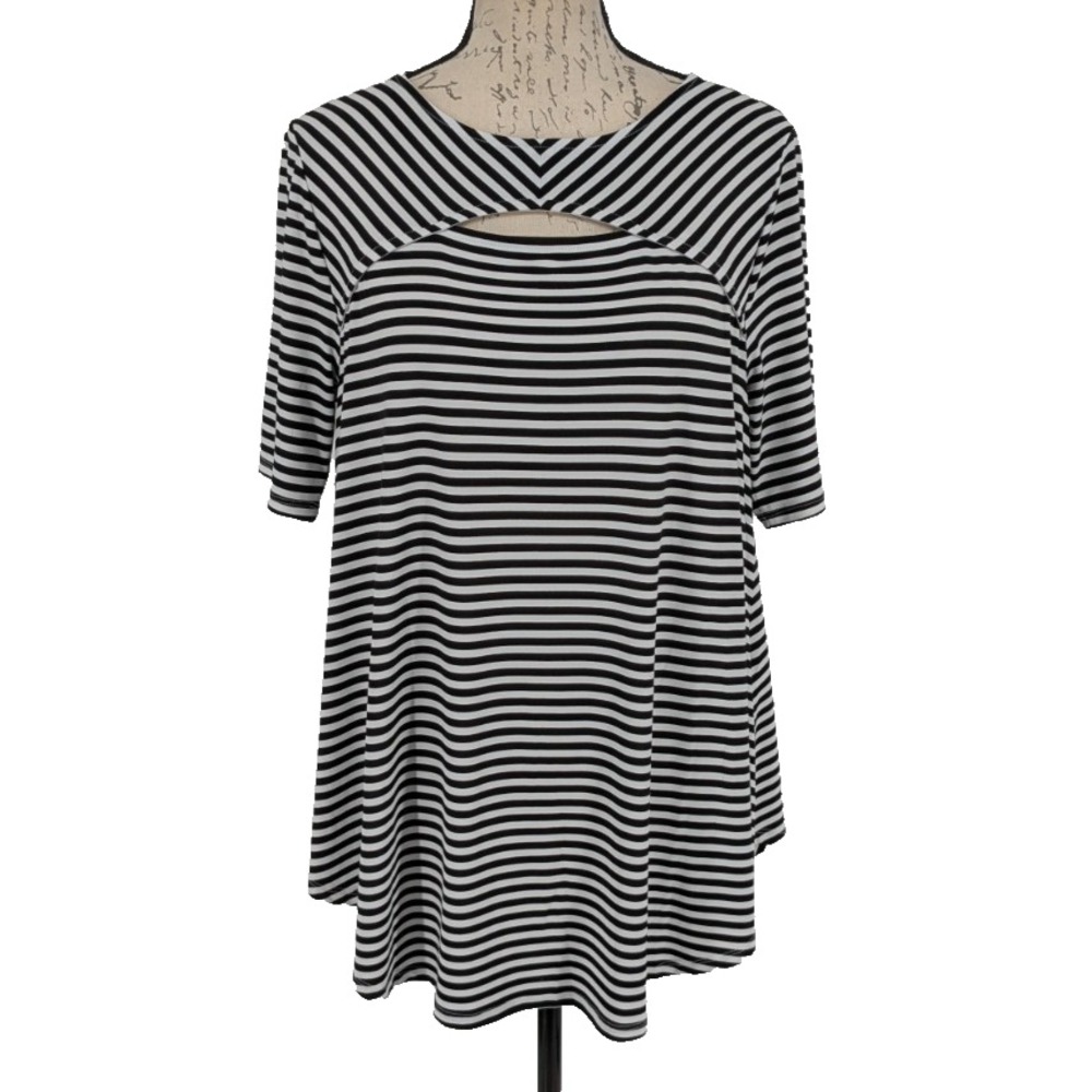 CHICOS Top SIZE 1 42" Bust Cotton Blend Black White Stripe Fisherman New England